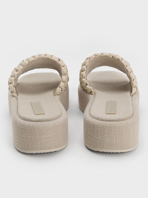 Sandalias de plataforma plana en rafia tejida, Beige, hi-res