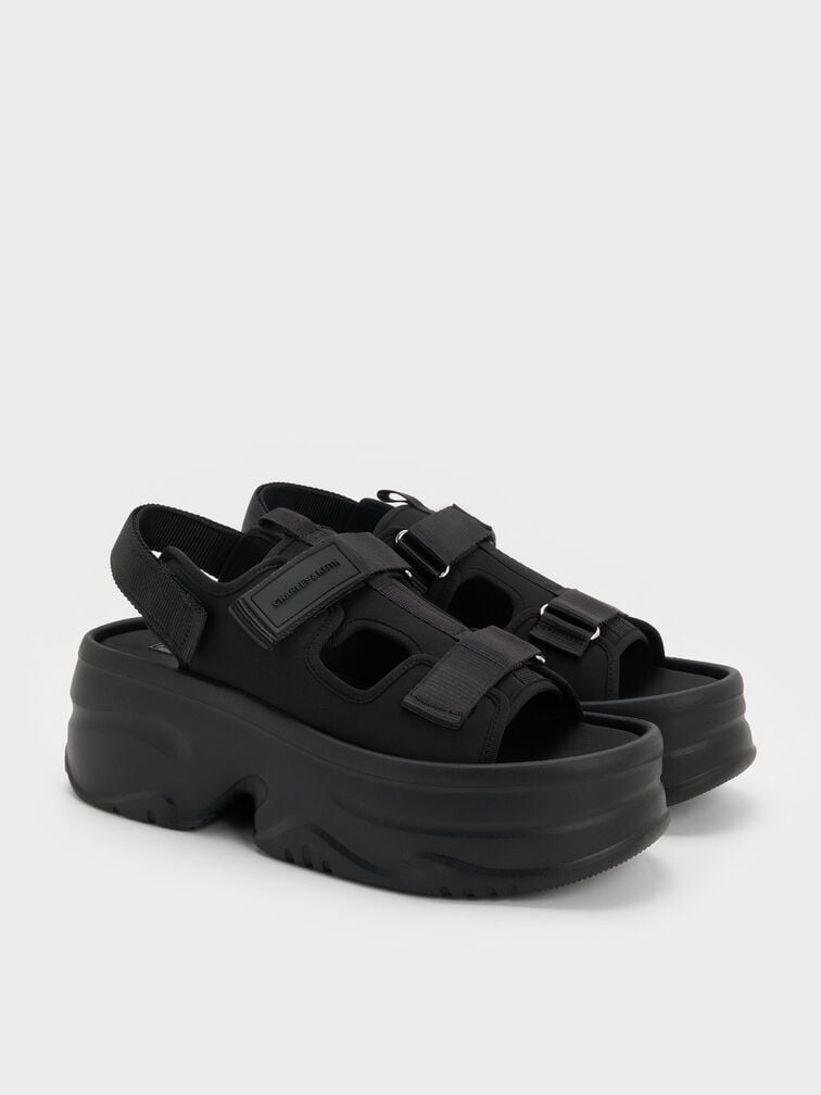 Elastane Flatform Sports Sandals, Black Textured, hi-res