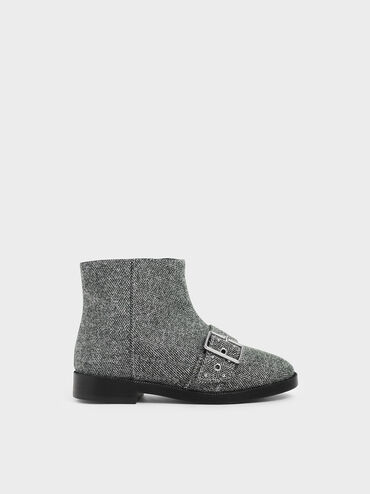 Girls' Woven Fabric Studded Ankle Boots, Dark Grey, hi-res