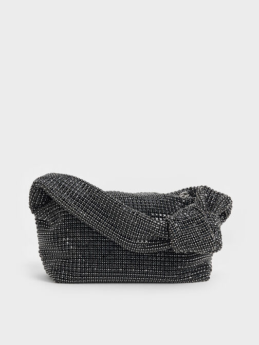 Bolso con tiras anudadas y adornos de cristal, Noir, hi-res