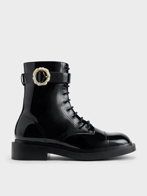 Patent Pearl Buckle Lace-Up Ankle Boots, Black Patent, hi-res