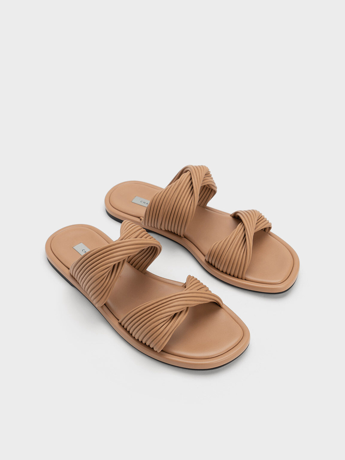Pleated Twist Strap Slides, Sand, hi-res