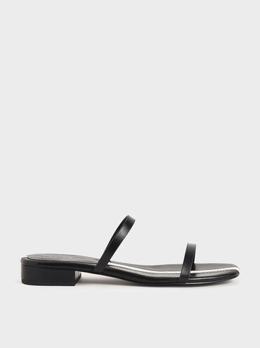 Striped Double Strap Slide Sandals, Black, hi-res