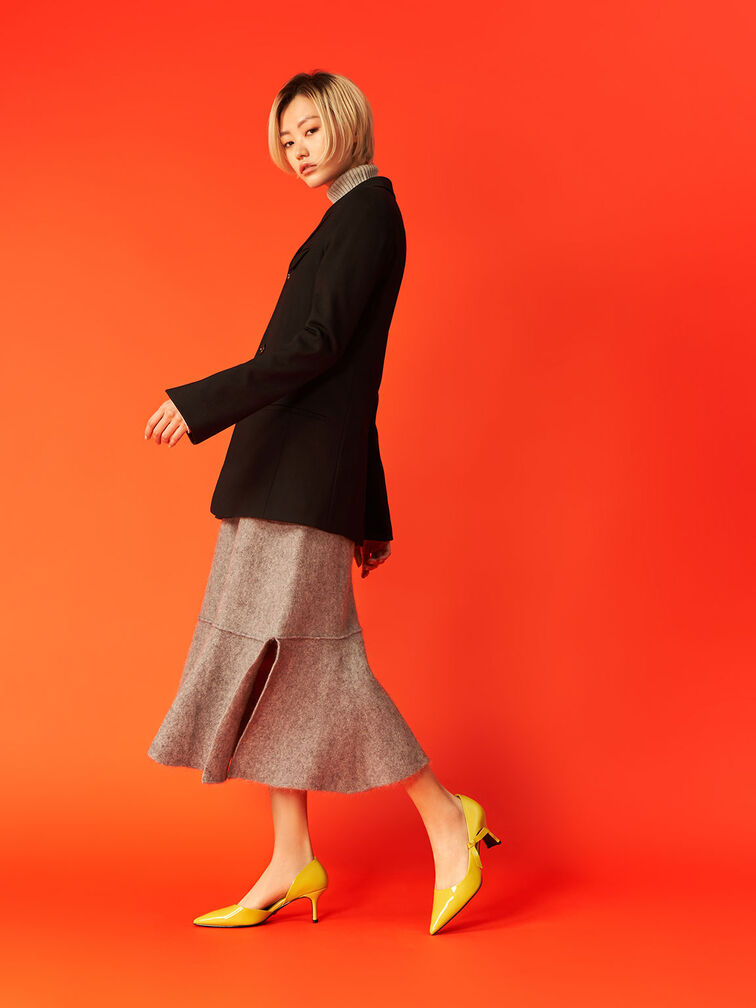 Patent Leather Bow-Tie Half D'Orsay Pumps, Mustard, hi-res