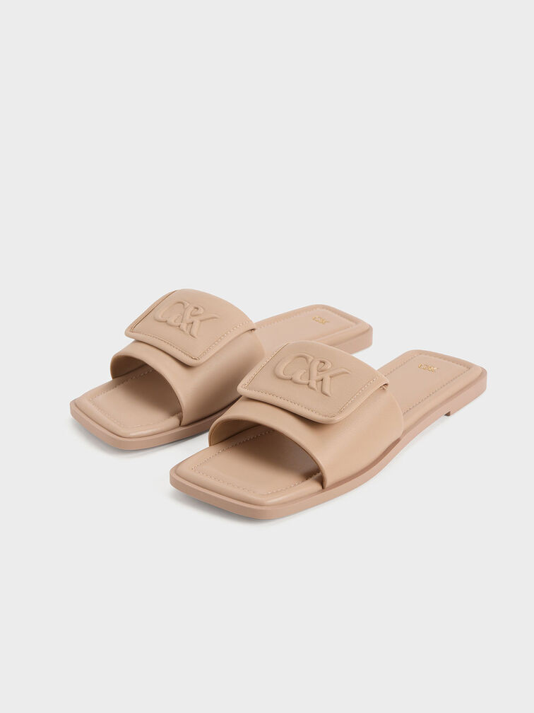 Leather Slide Sandals, Nude, hi-res