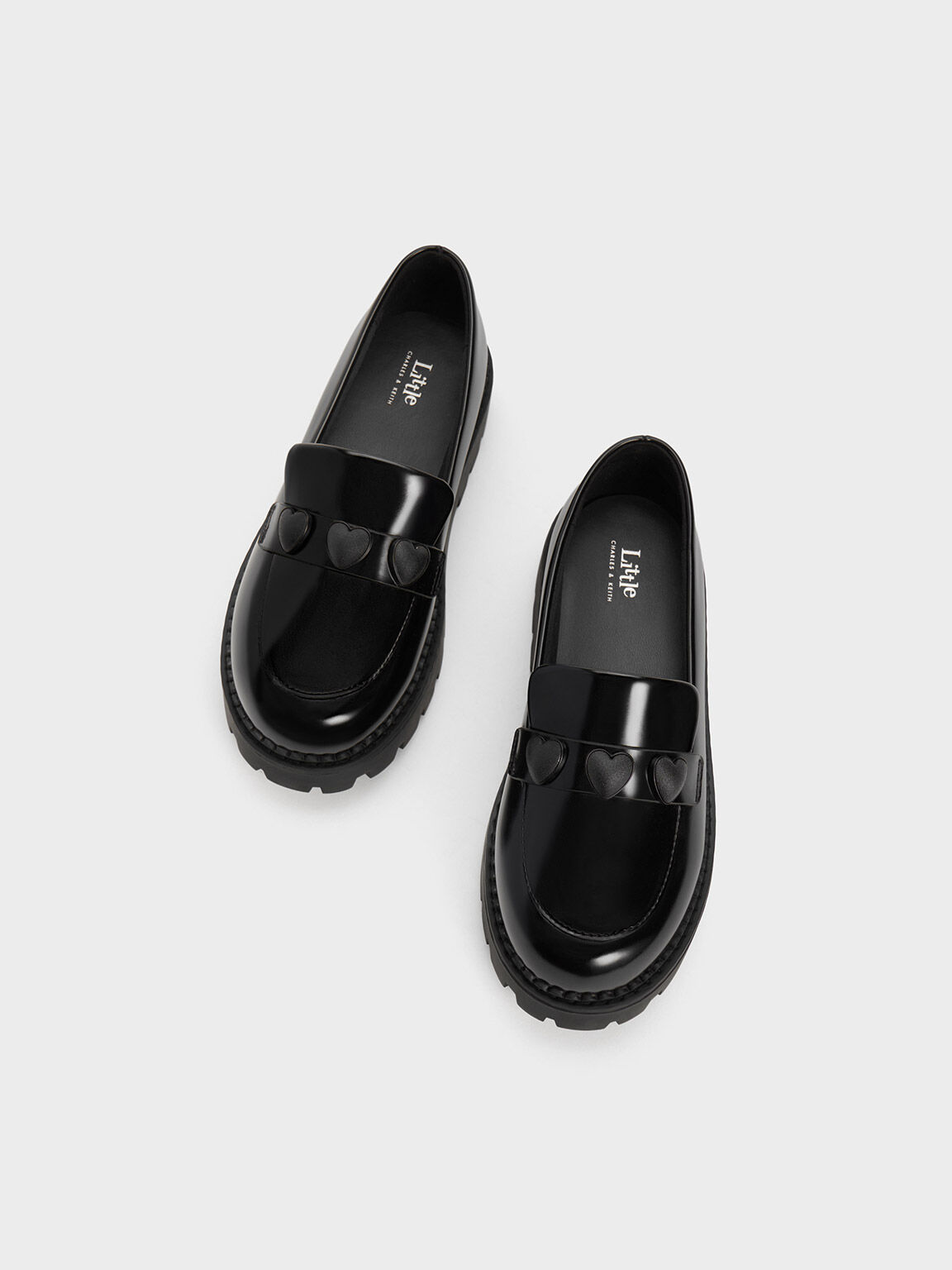 Girls' Heart-Motif Penny Loafers, Black, hi-res