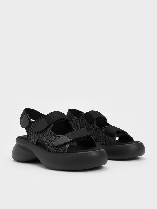 Woven Double-Strap Sports Sandals, Black Textured, hi-res