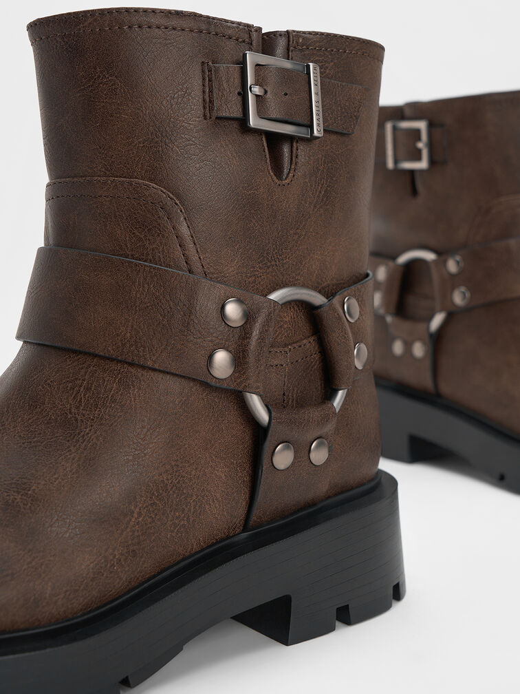 Metallic Buckled Ankle Boots, Dark Brown, hi-res