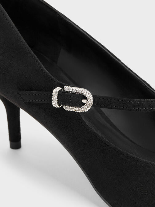Faux Suede Asymmetric-Strap Pumps, Black Textured, hi-res