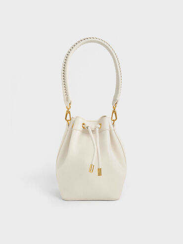 Braided-Handle Drawstring Bucket Bag, Cream, hi-res