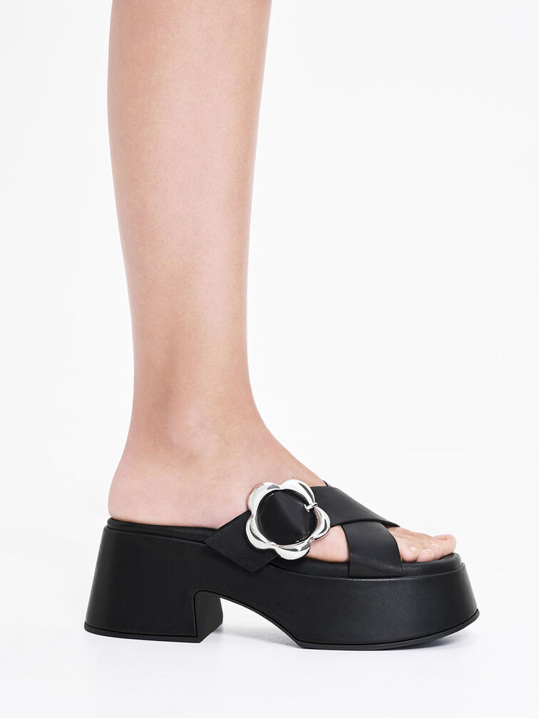 Flower-Buckle Crossover Platform Mules, Black, hi-res