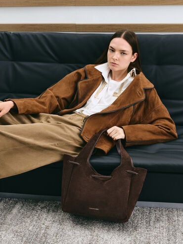 Mila Recycled Suede Metallic-Knot Drawstring Tote Bag, Espresso Brown, hi-res