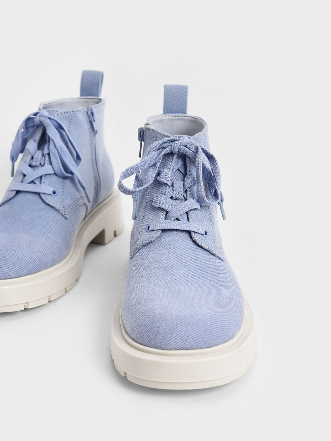 Twill Lace-Up Ankle Boots, Light Blue, hi-res