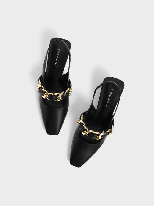 Braided Chain-Link Slingback Pumps, Black, hi-res