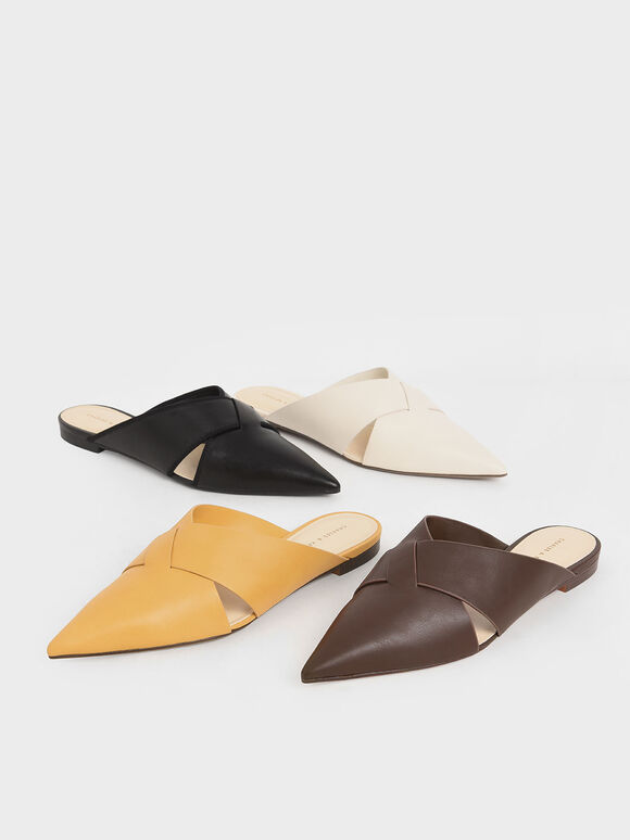 Woven Pointed Toe Mules, Mustard, hi-res