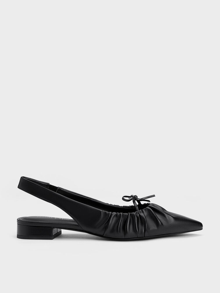 Bow Ruched Slingback Flats, Black, hi-res