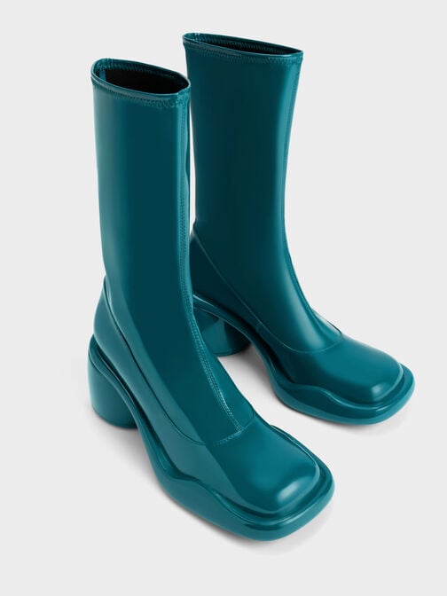 Lula Patent Chunky Heel Calf Boots, Turquoise, hi-res
