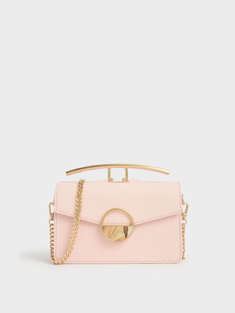 Stone Embellished-Buckle Shoulder Bag, Light Pink, hi-res