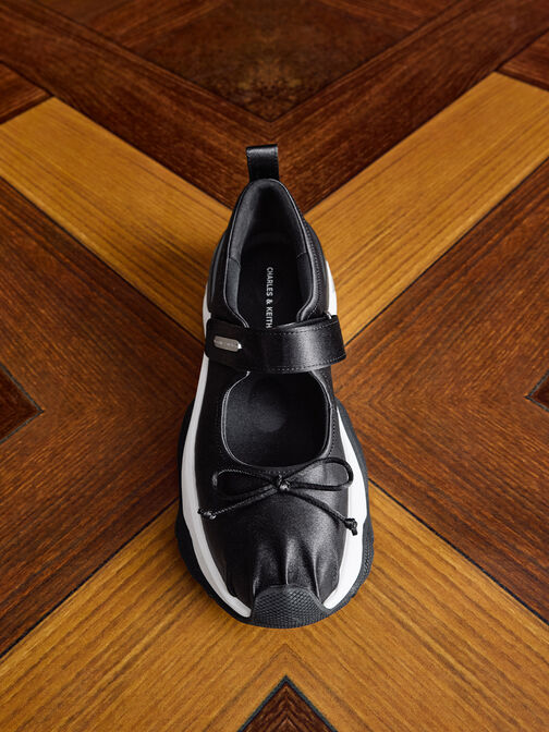 Zapatillas deportivas Mary Janes de satén bicolor con lazo, Negro texturizado, hi-res