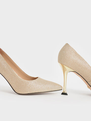 Glittered Sculptural Stiletto Heel Pumps, Gold, hi-res