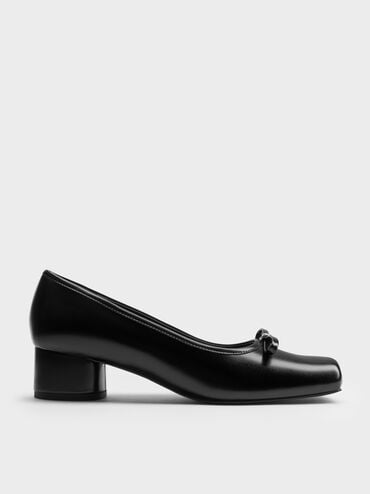 Bow Metallic-Accent Square-Toe Block-Heel Pumps, Black, hi-res