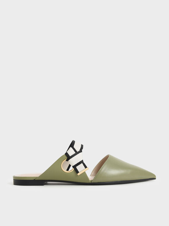 Pointed Toe Fabric Strap Mules, Olive, hi-res