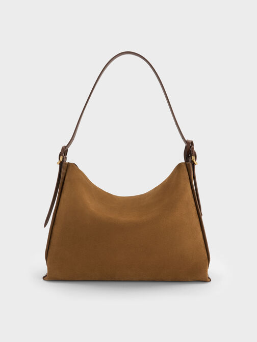 Large Leather & Suede Top-Flap Hobo Bag, Brown, hi-res