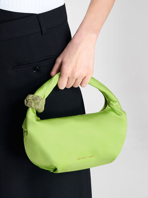 Embellished Satin Shoulder Bag, Green, hi-res