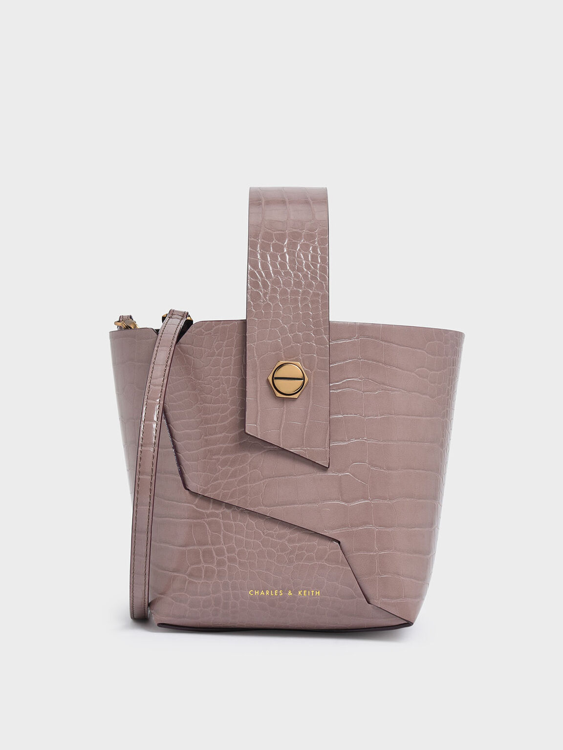 鱷魚紋手腕水桶包, 紫灰色, hi-res