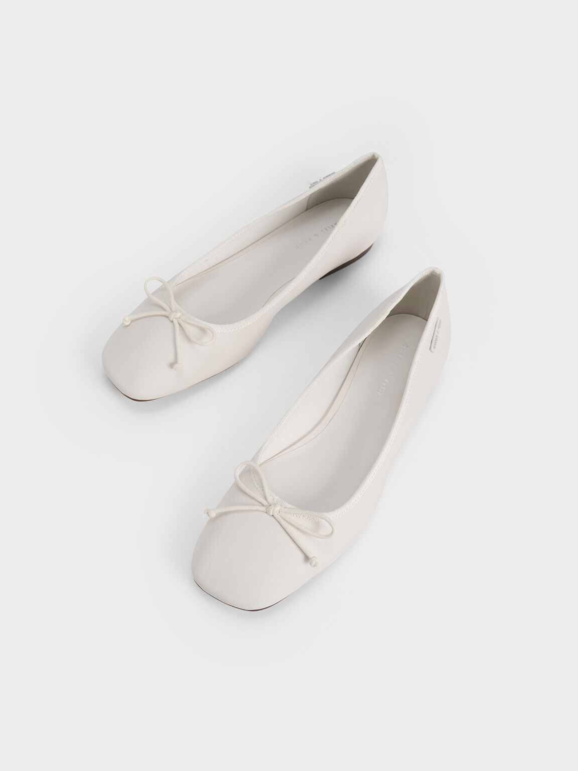 Rounded Square-Toe Bow Ballerinas, White, hi-res