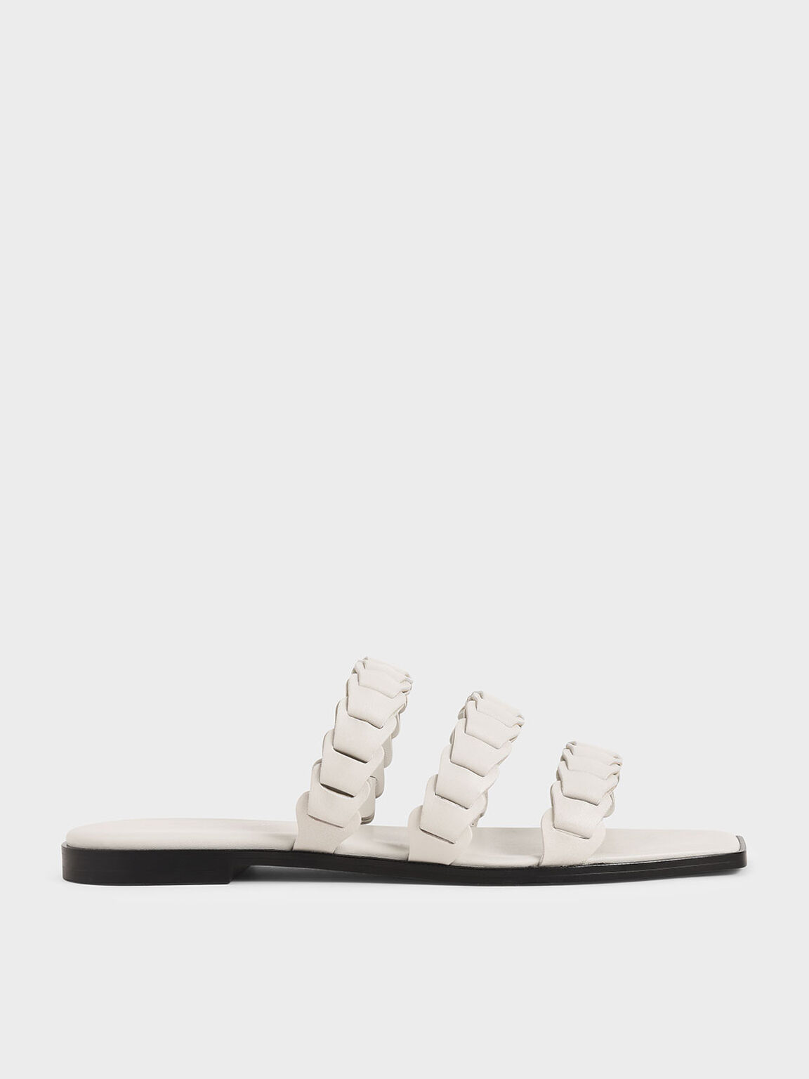 Chalk Leather Pleated Strap Slide Sandals | CHARLES & KEITH US