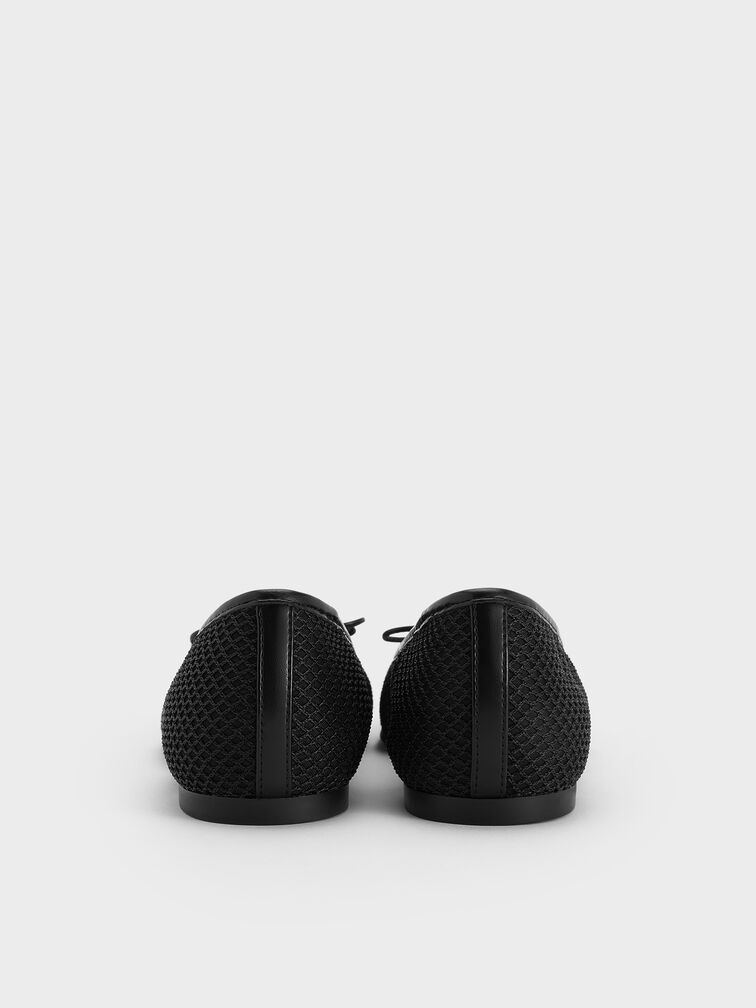 Mesh Square-Toe Bow Ballet Flats, Black Textured, hi-res