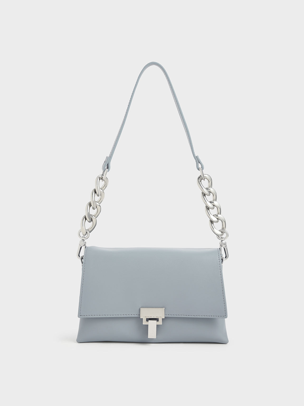 Leather Push-Lock Shoulder Bag - Steel Blue