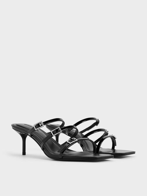 Patent Crystal-Buckle Heeled Mules, Black Patent, hi-res