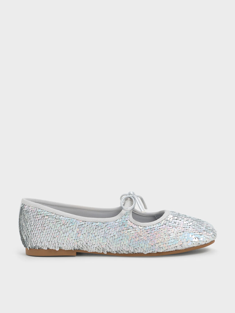 Girls' Sequin Metallic Bow Ballet Flats, Silver, hi-res