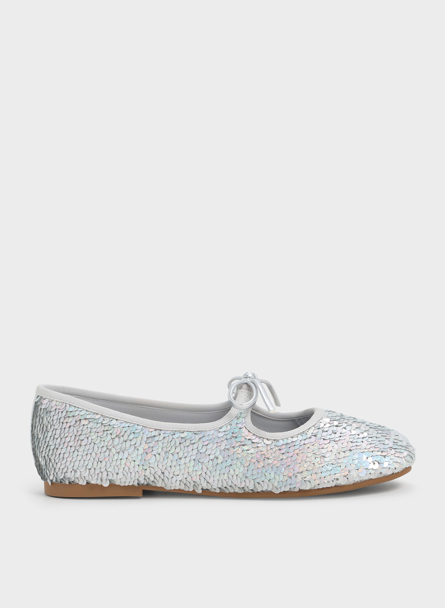 Girls' Sequin Metallic Bow Ballet Flats, Silver, hi-res