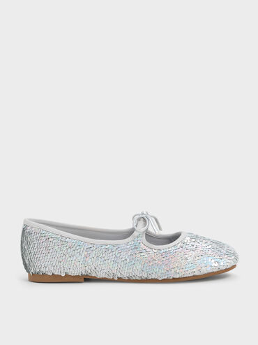 Girls' Sequin Metallic Bow Ballet Flats, Silver, hi-res