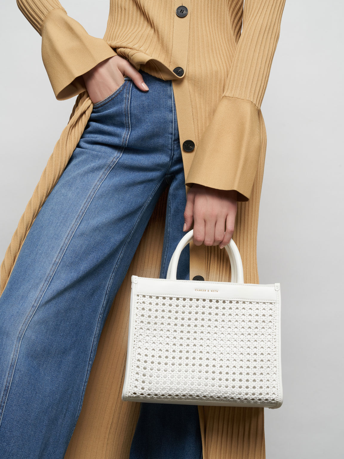 Woven Double Handle Tote Bag, White, hi-res