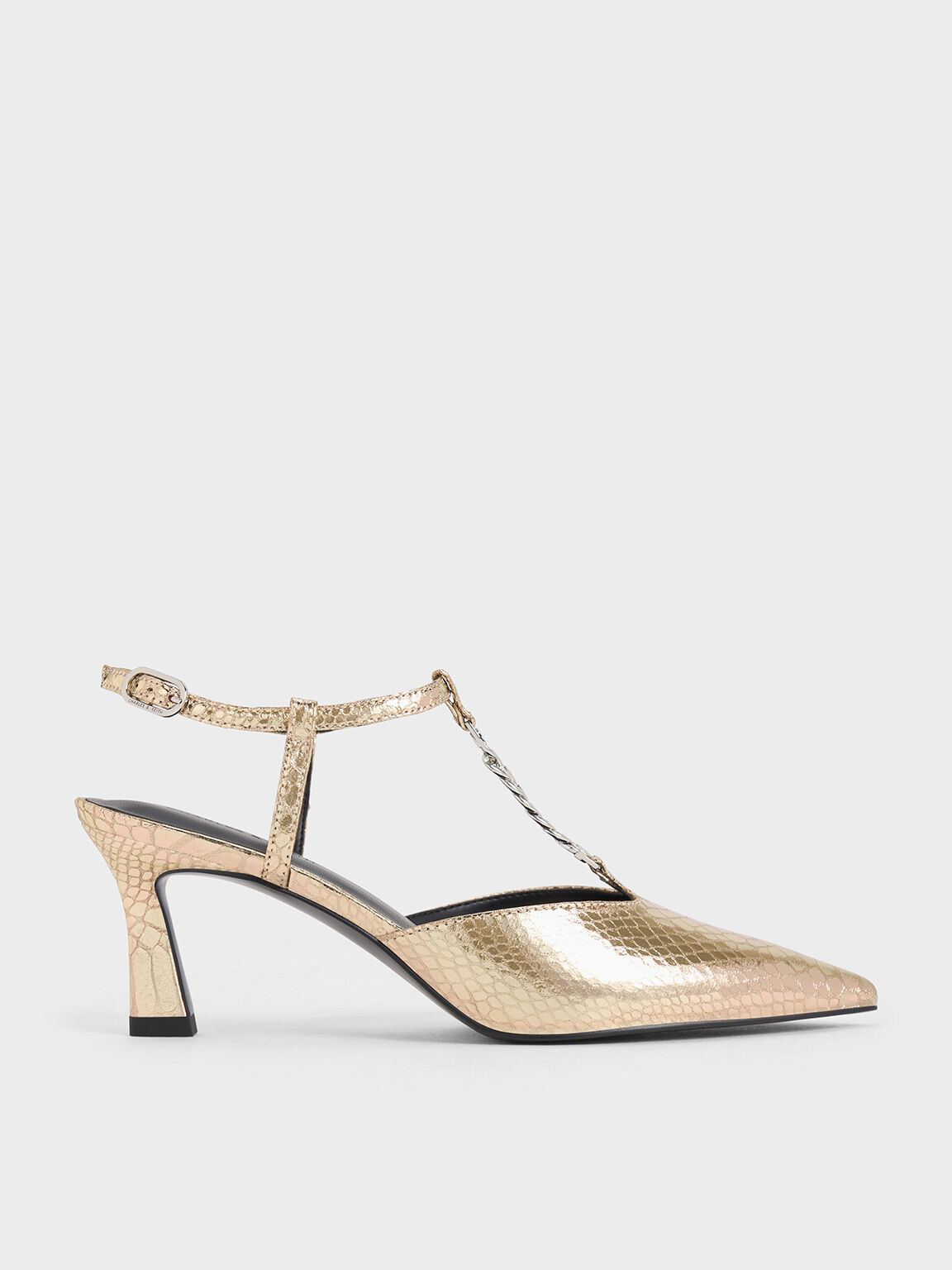 Animal Print Gold Metallic Snake Effect T Bar Chain Link Pointed Toe Pumps CHARLES KEITH AU