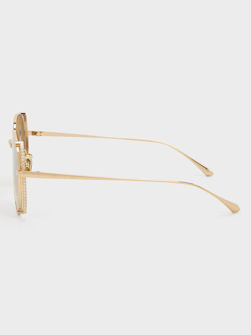 Gem-Embellished Wireframe Aviator Sunglasses, Light Gold, hi-res