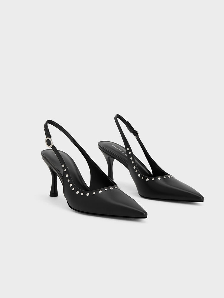 Black Studded Pointed-Toe Slingback Pumps - CHARLES & KEITH AE