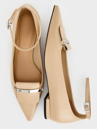 Leather Metallic-Accent Pointed-Toe Ankle-Strap Flats, Beige, hi-res