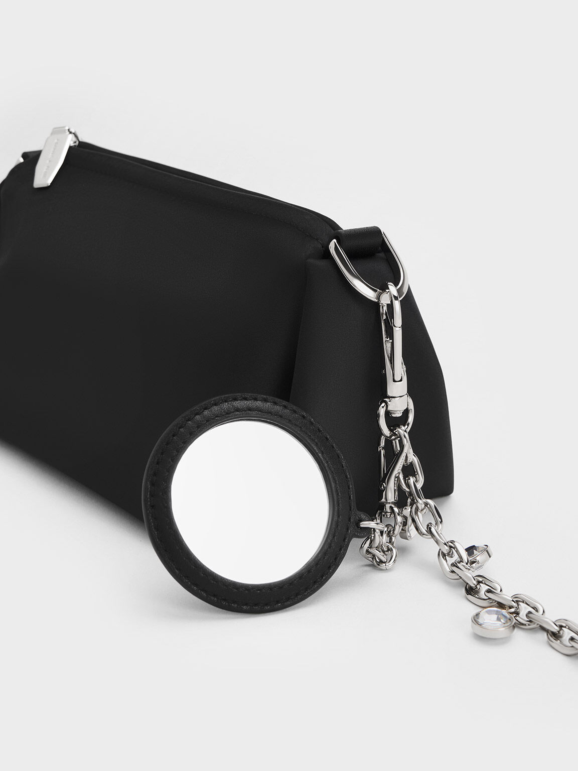 Embellished Chain Handle Satin Crossbody Bag, Black, hi-res