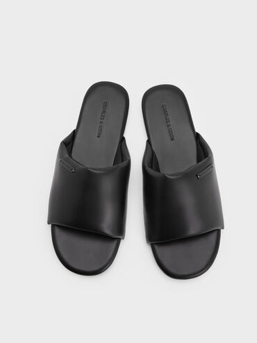 Puffy Wide-Strap Slide Sandals, Black, hi-res