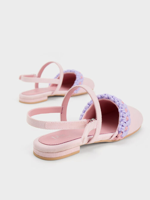 Girls' Floral Crochet Denim Slingback Flats, Pink, hi-res