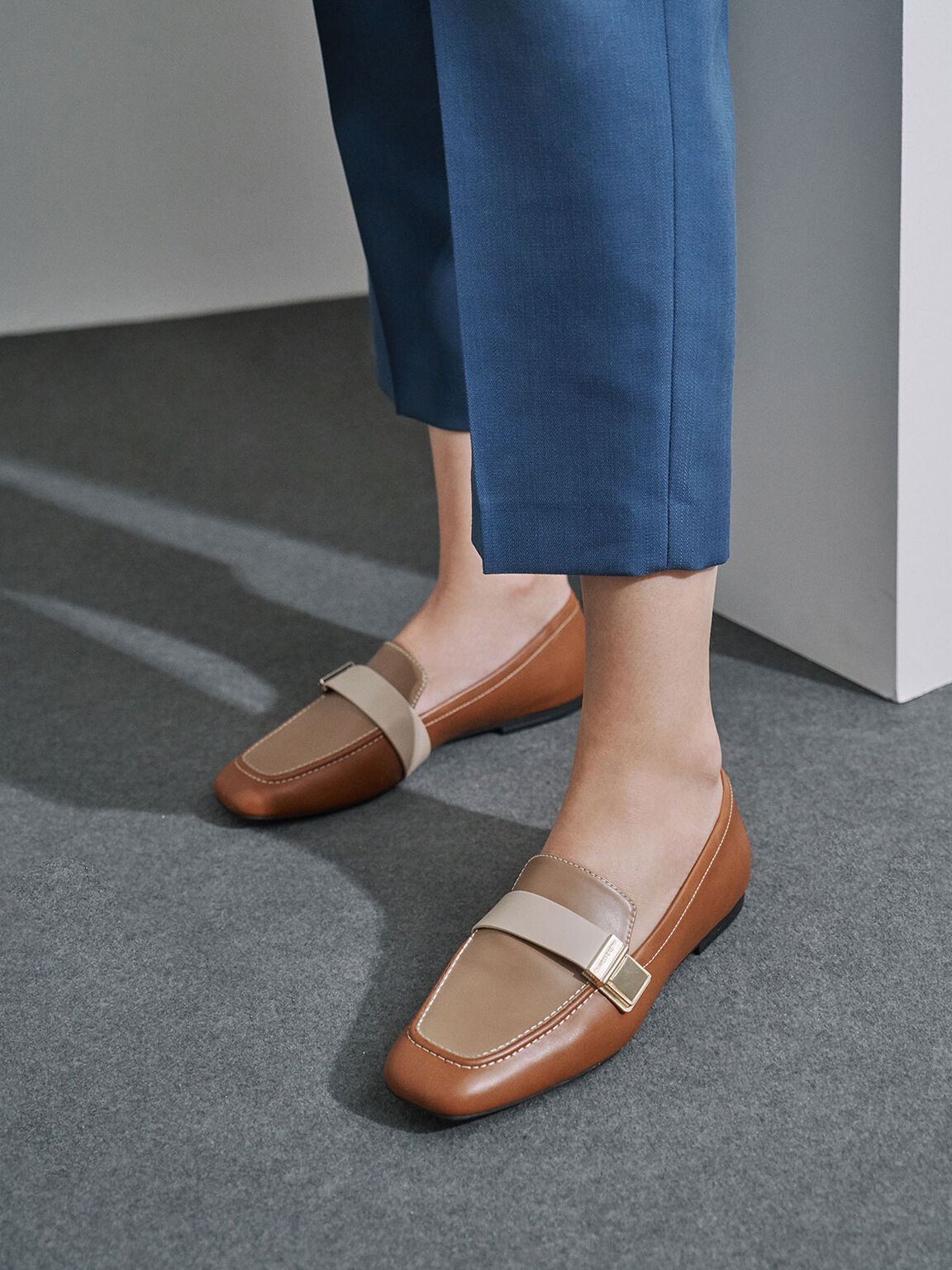 Metallic Buckle Penny Loafers, Cognac, hi-res