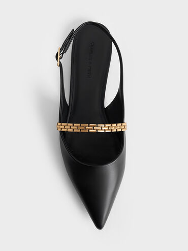 Chain-Strap Pointed-Toe Slingback Flats, Black, hi-res