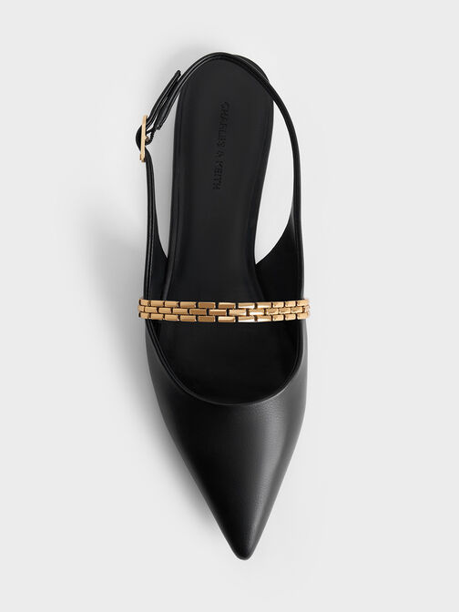 Chain-Strap Pointed-Toe Slingback Flats, Black, hi-res