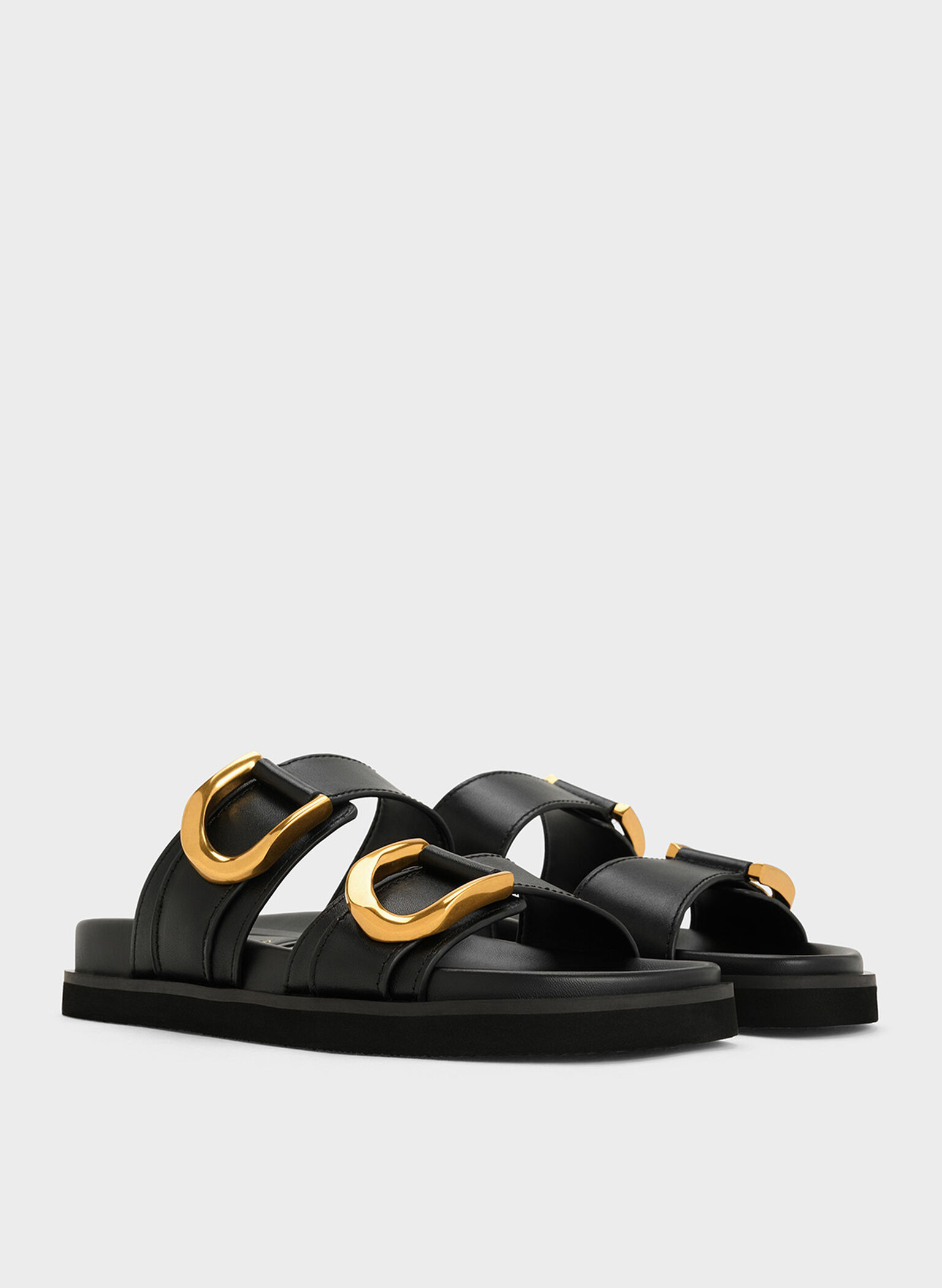 Gabine Buckled Leather Slides, Black, hi-res