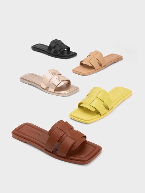 Trichelle Interwoven Leather Slide Sandals, Yellow, hi-res